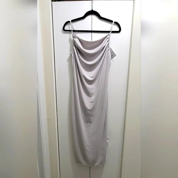 S O L D Gray Cowl Neck Ruched Spaghetti Strap Midi Dress size XL - Picture 2 of 12